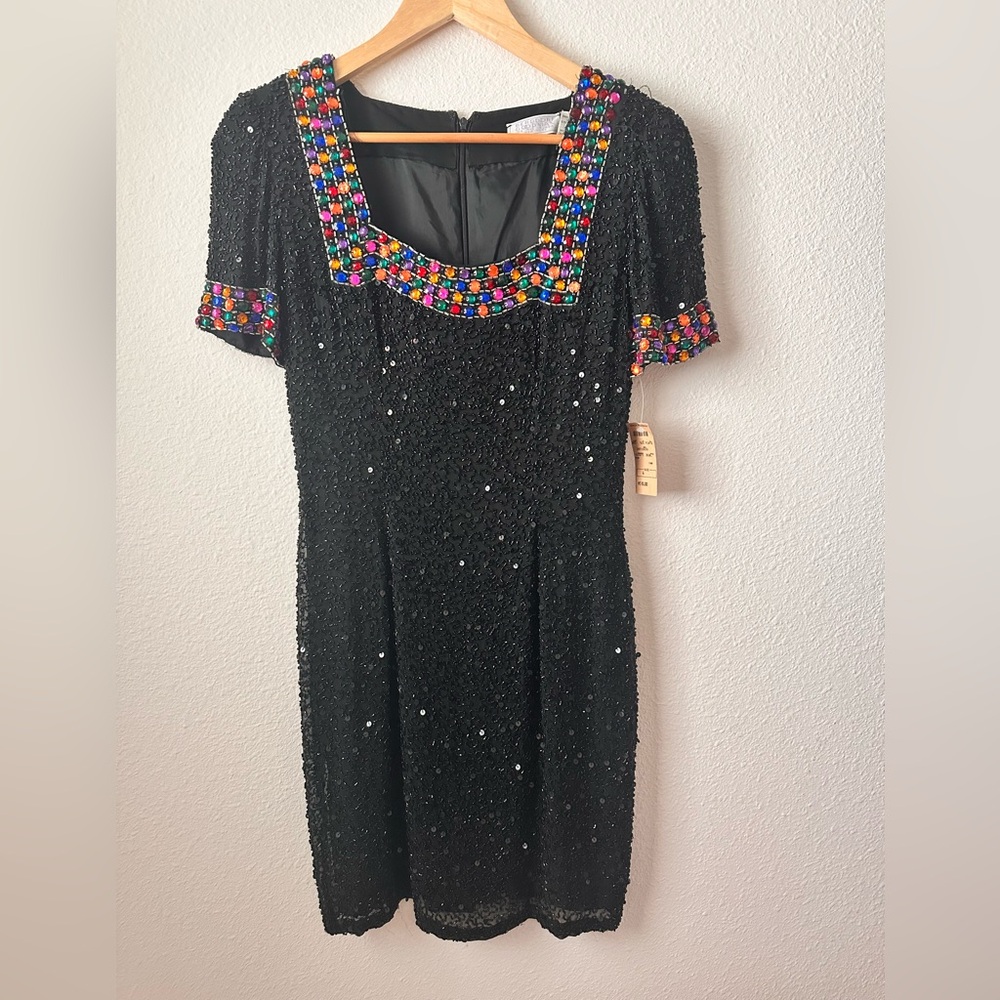 Bergdorf Goodman black silk Square Neck beaded Dress Size 4